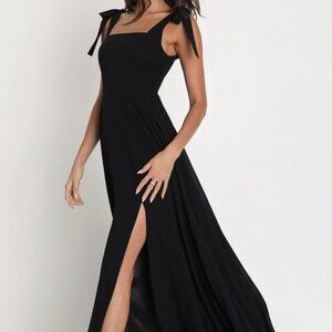 Love Me Forever Black Tie-Strap Square Neck Maxi Dress